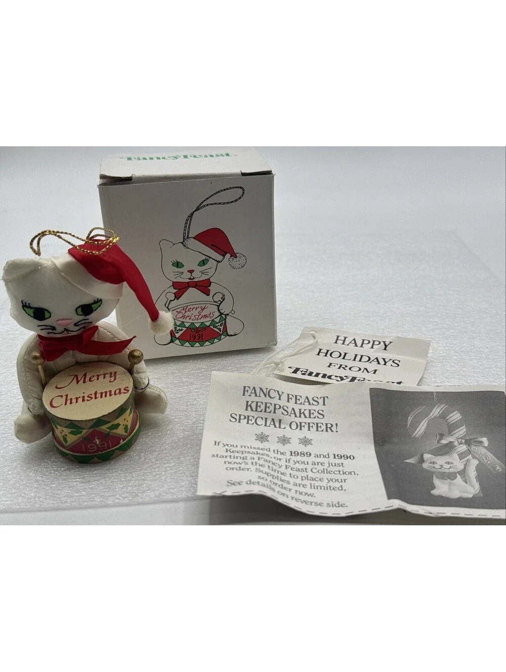 Vintage 1991 Fancy Feast Plush Cat Playing Drums 3” Christmas Ornament Russ Box